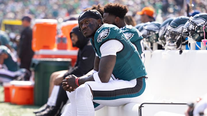 Philadelphia Eagles wide receiver A.J. Brown (11) sits on the players bench before entering the game during the first quarter against the Cleveland Browns at Lincoln Financial Field.