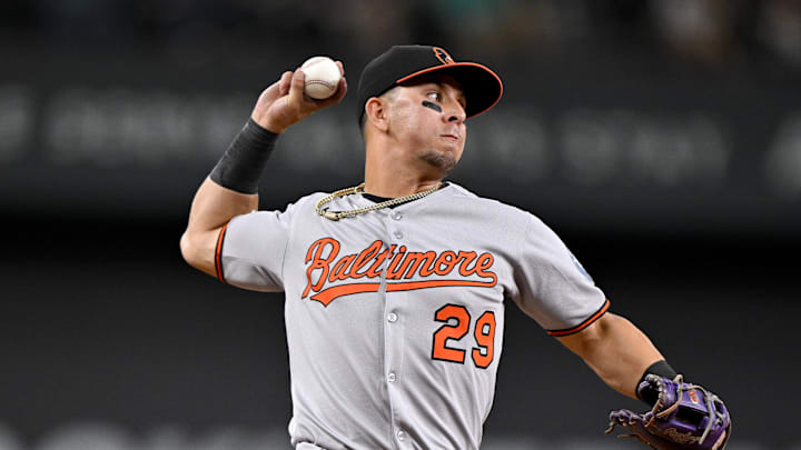 Jun 30, 2025; Arlington, Texas, USA; Baltimore Orioles third baseman Ramon Urias (29) throws out Texas Rangers center fielder Sam Haggerty (not pictured) during the third inning at Globe Life Field. Mandatory Credit: Jerome Miron-Imagn Images Jun 30, 2025; Arlington, Texas, USA; Baltimore Orioles third baseman Ramon Urias (29) throws out Texas Rangers center fielder Sam Haggerty (not pictured) during the third inning at Globe Life Field. Mandatory Credit: Jerome Miron-Imagn Images