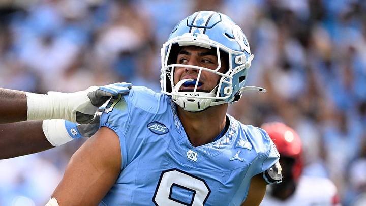 Sep 13, 2025; Chapel Hill, North Carolina, USA; North Carolina Tar Heels defensive lineman Melkart Abou-Jaoude (9 ) celebrates with defensive lineman Smith Vilbert (8) after making a sack in the first quarter at Kenan Stadium. Mandatory Credit: Bob Donnan-Imagn Images Sep 13, 2025; Chapel Hill, North Carolina, USA; North Carolina Tar Heels defensive lineman Melkart Abou-Jaoude (9 ) celebrates with defensive lineman Smith Vilbert (8) after making a sack in the first quarter at Kenan Stadium. Mandatory Credit: Bob Donnan-Imagn Images