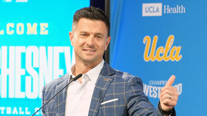 Dec 9, 2025; Los Angeles, CA, USA; Bob Chesney is introduced as UCLA Bruins football coach at press conference at Renee Luskin Conference Center Centennial Ballroom. Mandatory Credit: Kirby Lee-Imagn Images
