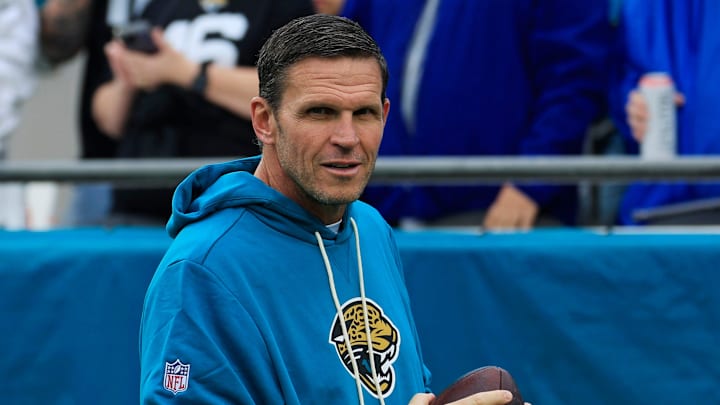 Jacksonville Jaguars general manager James Gladstone, left, and Executive Vice President of Football Operations Tony Boselli walk on the field before an NFL football game at EverBank Stadium, Sunday, Dec. 7, 2025, in Jacksonville, Fla. [Corey Perrine/Florida Times-Union]