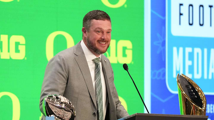 Jul 23, 2025; Las Vegas, NV, USA; Oregon head coach Dan Lanning speaks to the media during the Big Ten NCAA college football media days at Mandalay Bay Resort. 