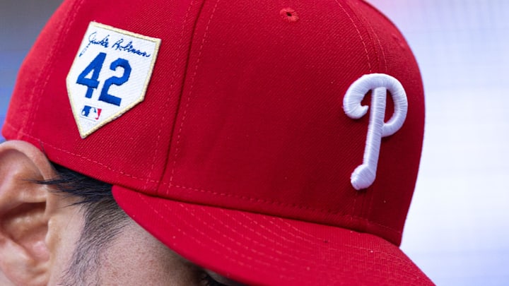 Apr 15, 2024; Philadelphia, Pennsylvania, USA; Philadelphia Phillies outfielder Nick Castellanos (8) wears a number 42 hat for Jackie Robinson day in a game against the Colorado Rockies at Citizens Bank Park. 