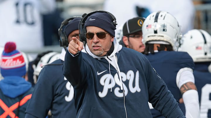 Dec 21, 2024; University Park, Pennsylvania, USA; Penn State Nittany Lions head coach James Franklin reacts during the first half against the Southern Methodist Mustangs at Beaver Stadium. Mandatory Credit: Vincent Carchietta-Imagn Images