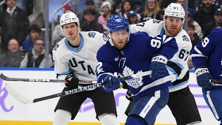 Nov 24, 2024; Toronto, Ontario, CAN; Toronto Maple Leafs forward Alexander Nylander (92) battles for position with Utah Hockey Club forward Lawson Crouse (67) in the first period at Scotiabank Arena. Mandatory Credit: Dan Hamilton-Imagn Images Nov 24, 2024; Toronto, Ontario, CAN; Toronto Maple Leafs forward Alexander Nylander (92) battles for position with Utah Hockey Club forward Lawson Crouse (67) in the first period at Scotiabank Arena. Mandatory Credit: Dan Hamilton-Imagn Images