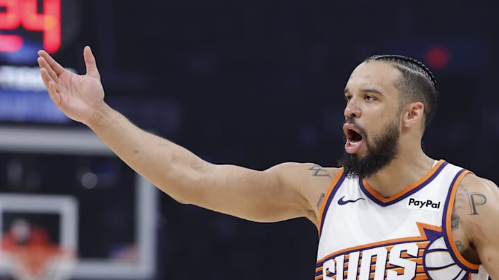 Apr 22, 2026; Oklahoma City, Oklahoma, USA; Phoenix Suns forward Dillon Brooks (3) gestures after a play against the Oklahoma City Thunder in the first half during game two of the first round of the 2026 NBA Playoffs at Paycom Center. Mandatory Credit: Alonzo Adams-Imagn Images