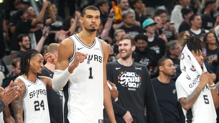 Apr 28, 2026; San Antonio, Texas, USA; San Antonio Spurs forward Victor Wembanyama (1) pumps his fist after a victory over the Portland Trail Blazers in Game 5 of the first round of the 2026 NBA Playoffs at Frost Bank Center. Apr 28, 2026; San Antonio, Texas, USA; San Antonio Spurs forward Victor Wembanyama (1) pumps his fist after a victory over the Portland Trail Blazers in Game 5 of the first round of the 2026 NBA Playoffs at Frost Bank Center.