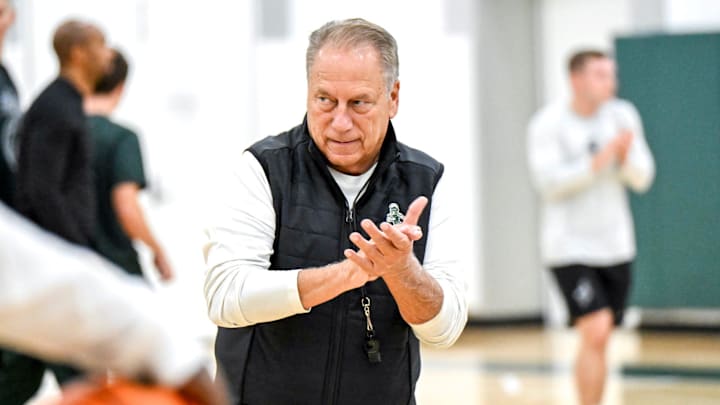 Michigan State's coach Tom Izzo looks on during the first day of basketball practice on Monday, Sept. 22, 2025, at the Breslin Center in East Lansing. Michigan State's coach Tom Izzo looks on during the first day of basketball practice on Monday, Sept. 22, 2025, at the Breslin Center in East Lansing.