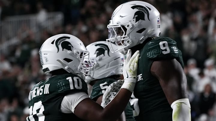 Aug 29, 2025; East Lansing, Michigan, USA; Michigan State Spartans defensive lineman Jalen Thompson (9) celebrates a tackle for a safety in the third quarter at Spartan Stadium. Mandatory Credit: Brendan Mullin-Imagn Images