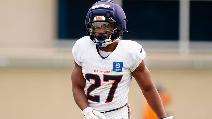 Aug 3, 2026; Englewood, CO, USA; Denver Broncos running back J.K. Dobbins (27) during training camp at Broncos Park. Aug 3, 2026; Englewood, CO, USA; Denver Broncos running back J.K. Dobbins (27) during training camp at Broncos Park.