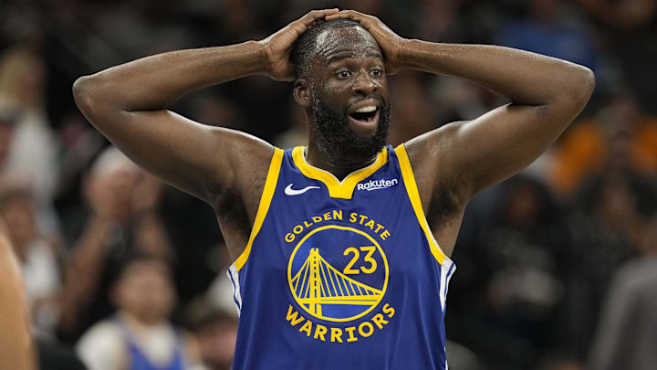 Nov 14, 2025; San Antonio, Texas, USA; Golden State Warriors forward Draymond Green (23) reacts after being called for a foul during the second half against the San Antonio Spurs at Frost Bank Center. Mandatory Credit: Scott Wachter-Imagn Images
