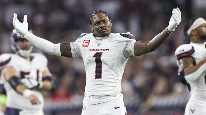 Sep 15, 2024; Houston, Texas, USA; Houston Texans wide receiver Stefon Diggs (1) reacts after a play during the second quarter against the Chicago Bears at NRG Stadium. Mandatory Credit: Troy Taormina-Imagn Images