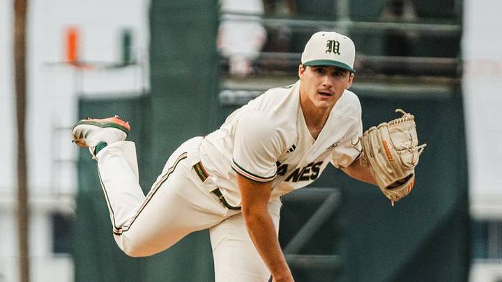 Miami starting pitcher AJ Ciscar follows through on the mound. Miami starting pitcher AJ Ciscar follows through on the mound.