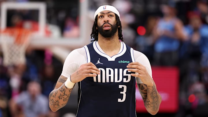 Apr 5, 2025; Inglewood, California, USA;  Dallas Mavericks forward Anthony Davis (3) looks on during the second half against the Los Angeles Clippers at Intuit Dome. Mandatory Credit: Kiyoshi Mio-Imagn Images