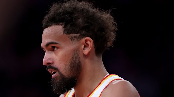 Trae Young #11 of the Atlanta Hawks looks on against the New York Knicks.