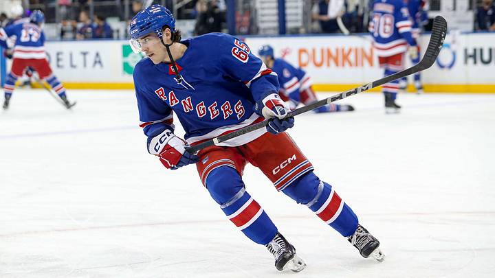 Mar 16, 2025; New York, New York, USA; New York Rangers left wing Brett Berard (65) skates against the Edmonton Oilers before the first period at Madison Square Garden. Mar 16, 2025; New York, New York, USA; New York Rangers left wing Brett Berard (65) skates against the Edmonton Oilers before the first period at Madison Square Garden.
