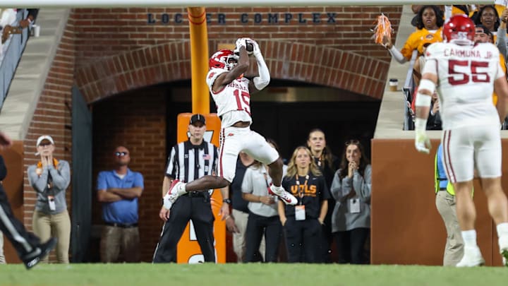 Oct 11, 2025; Knoxville, Tennessee, USA; Arkansas Razorbacks wide receiver Kam Shanks (15) catches a pass for a touchdown against the Tennessee Volunteers during the second half at Neyland Stadium. Mandatory Credit: Randy Sartin-Imagn Images