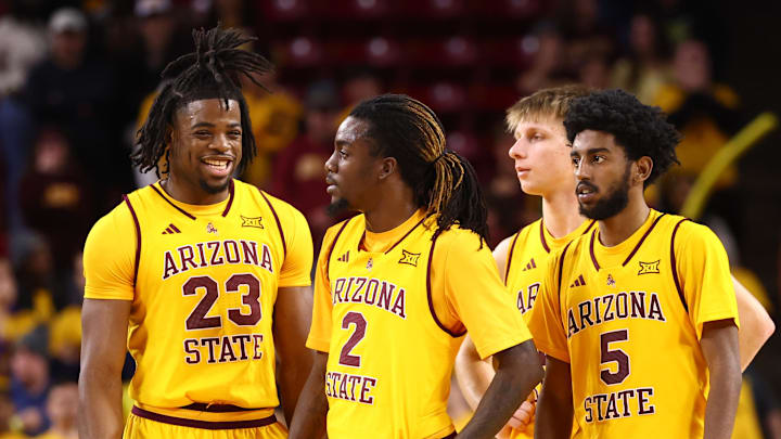 Jan 24, 2026; Tempe, Arizona, USA; Arizona State Sun Devils forward Allen Mukeba (23), guard Anthony Johnson (2) and guard Maurice Odum (5) against the Cincinnati Bearcats at Desert Financial Arena. Mandatory Credit: Mark J. Rebilas-Imagn Images