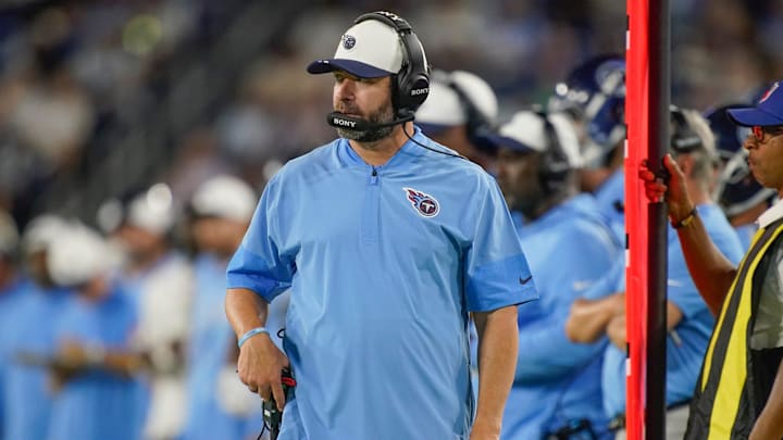 Tennessee Titans coach Brian Callahan works the sidelines during the second quarter of an NFL pre-season game against the Minnesota Vikings at Nissan Stadium in Nashville, Tenn., Friday, Aug. 22, 2025.