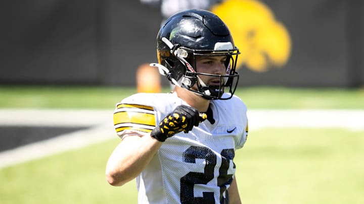 Apr 26, 2025; Iowa City, IA, USA; Iowa defensive back Kael Kolarik (26) gets set during a spring NCAA football open practice at Kinnick Stadium. Mandatory Credit: Joseph Cress/For the Register