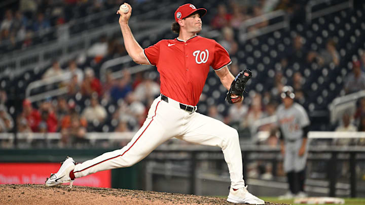 Jul 2, 2025; Washington, District of Columbia, USA; Washington Nationals relief pitcher Kyle Finnegan (67) throws a pitch against the Detroit Tigers during the ninth inning at Nationals Park. Jul 2, 2025; Washington, District of Columbia, USA; Washington Nationals relief pitcher Kyle Finnegan (67) throws a pitch against the Detroit Tigers during the ninth inning at Nationals Park.