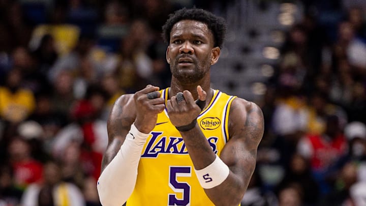 Jan 6, 2026; New Orleans, Louisiana, USA;  Los Angeles Lakers center Deandre Ayton (5) reacts to a play against the New Orleans Pelicans during the second half at Smoothie King Center. Mandatory Credit: Stephen Lew-Imagn Images