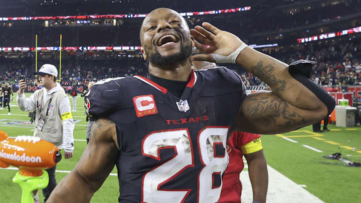 Jan 11, 2025; Houston, Texas, USA; Houston Texans running back Joe Mixon (28) reacts after the game against the Los Angeles Chargers in an AFC wild card game at NRG Stadium. Mandatory Credit: Troy Taormina-Imagn Images Jan 11, 2025; Houston, Texas, USA; Houston Texans running back Joe Mixon (28) reacts after the game against the Los Angeles Chargers in an AFC wild card game at NRG Stadium. Mandatory Credit: Troy Taormina-Imagn Images