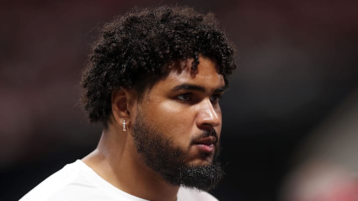 Sep 7, 2025; Atlanta, Georgia, USA; Tampa Bay Buccaneers offensive tackle Tristan Wirfs (78) looks on against the Atlanta Falcons during the third quarter at Mercedes-Benz Stadium. Mandatory Credit: Brett Davis-Imagn Images