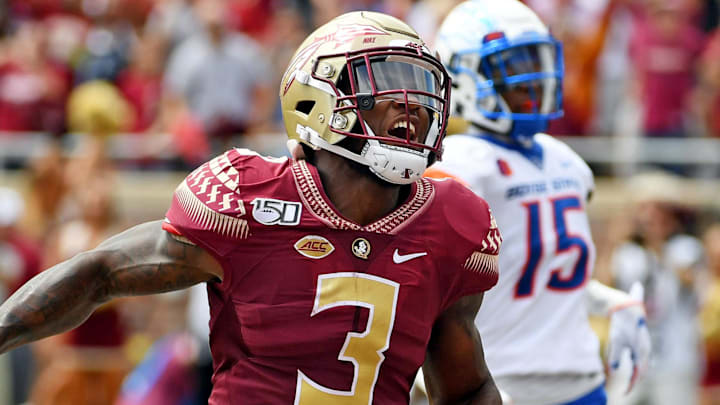 Aug 31, 2019; Tallahassee, FL, USA; Florida State Seminoles running back Cam Akers (3) celebrates after running the ball for a touchdown in the first quarter against the Boise State Broncos at Doak Campbell Stadium. Mandatory Credit: Melina Myers-Imagn Images
