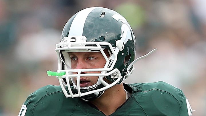 Sep 7, 2013; East Lansing, MI, USA; Michigan State Spartans linebacker Max Bullough (40) looks to sideline for the play against the South Florida Bulls during the first quarter at Spartan Stadium.