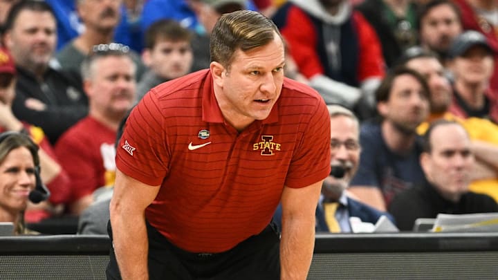 Mar 20, 2026; St. Louis, MO, USA; Iowa State Cyclones head coach T.J. Otzelberger looks on against the Tennessee State Tigers during the first half of a first round game of the men's 2026 NCAA Tournament at Enterprise Center. 