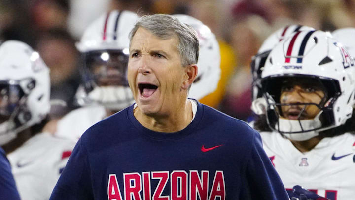 Arizona head coach Brent Brennan celebrates during a game against Arizona State at Mountain America Stadium in Tempe on Nov. 28, 2025.
