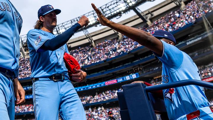 Aug 1, 2026; Toronto, Ontario, CAN; Toronto Blue Jays pitcher Kevin Gausman (34) returns to the dugout after the fifth inning against the St. Louis Cardinals at Rogers Centre. Mandatory Credit: Kevin Sousa-Imagn Images