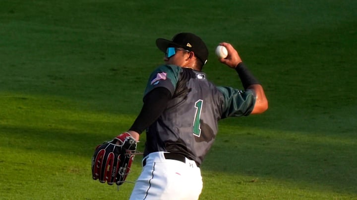 July 12, 2025; North Augusta, South Carolina, USA; GreenJacket outfielder Luis Guanipa (1) throws the ball during the 19th annual Military Appreciation game at SRP Park. The Augusta GreenJackets faced off against the Salem Red Sox. Salem won 9-2. Mandatory Credit: Katie Goodale - Augusta Chronicle/USA TODAY NETWORK