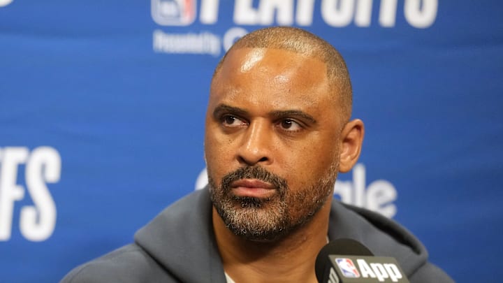 Houston Rockets head coach Ime Udoka at press conference during game one of the first round of the 2026 NBA Playoffs against the Los Angeles Lakers at Crypto.com Arena on Apr 18, 2026.