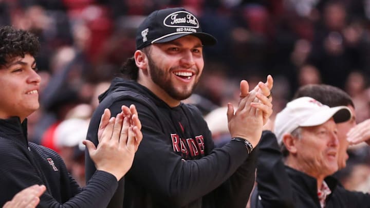 Texas Tech football team quarterback Brendan Sorsby reacts to a play during a Big 12 Conference men's basketball game, Saturday, Jan. 24, 2026, in United Supermarkets Arena.
