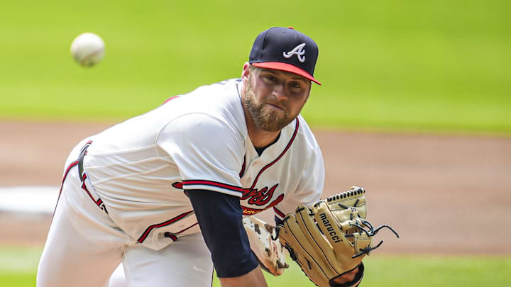 Apr 30, 2026; Cumberland, Georgia, USA; Atlanta Braves pitcher Bryce Elder (55) pitches against the Detroit Tigers during the first inning at Truist Park. Mandatory Credit: Dale Zanine-Imagn Images