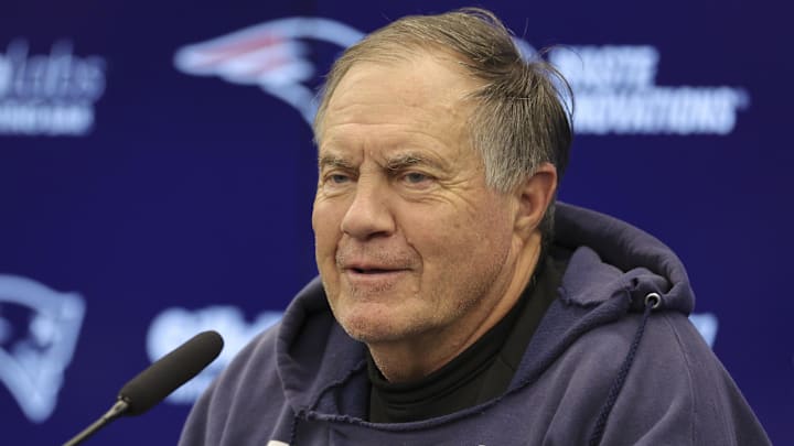 Nov 10, 2023; Frankfurt, Germany; New England Patriots head coach Bill Belichick speaks to the media before an NFL International Series practice at the Deutcher Fussball-Bund facility. Mandatory Credit: Nathan Ray Seebeck-Imagn Images Nov 10, 2023; Frankfurt, Germany; New England Patriots head coach Bill Belichick speaks to the media before an NFL International Series practice at the Deutcher Fussball-Bund facility. Mandatory Credit: Nathan Ray Seebeck-Imagn Images