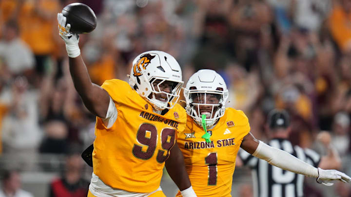 Arizona State defensive lineman C.J. Fite (99) celebrates his touchdown after recovering a fumble against the Mississippi State Bulldogs at Mountain America Stadium in Tempe on Sept. 7, 2024.