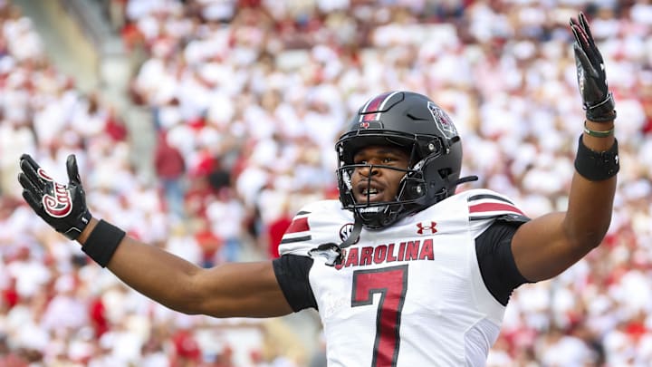 Oct 19, 2024; Norman, Oklahoma, USA;  South Carolina Gamecocks defensive back Nick Emmanwori (7) reacts after returning an interception for a touchdown during the first half against the Oklahoma Sooners at Gaylord Family-Oklahoma Memorial Stadium. 
