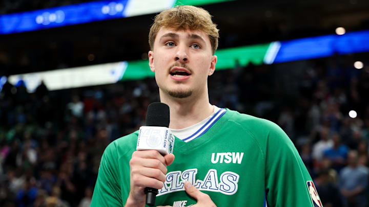 Apr 12, 2026; Dallas, Texas, USA; Dallas Mavericks forward Cooper Flagg (32) speaks to the crowd before the game against the Chicago Bulls at American Airlines Center. Mandatory Credit: Kevin Jairaj-Imagn Images Apr 12, 2026; Dallas, Texas, USA; Dallas Mavericks forward Cooper Flagg (32) speaks to the crowd before the game against the Chicago Bulls at American Airlines Center. Mandatory Credit: Kevin Jairaj-Imagn Images