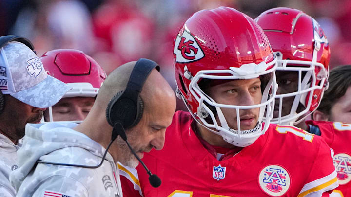 Nov 10, 2024; Kansas City, Missouri, USA; Kansas City Chiefs quarterback Patrick Mahomes (15) talks with offensive coordinator Matt Nagy against the Denver Broncos during the game at GEHA Field at Arrowhead Stadium. Mandatory Credit: Denny Medley-Imagn Images