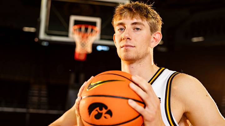 Cooper Koch stands for a photo during Iowa Men’s Basketball media day at Carver Hawkeye Arena, Monday, October 12, 2026, in Iowa City.