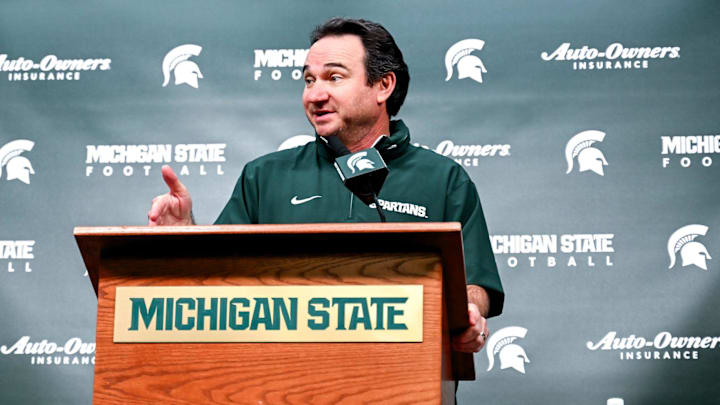 Michigan State coach Jonathan Smith talks the media on the first national signing day for college football recruits Wednesday, Dec. 4, 2024, at Spartan Stadium in East Lansing.