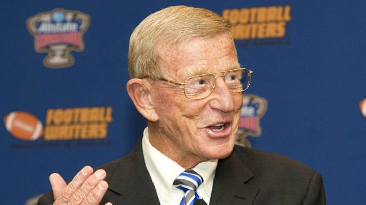 Jan 10, 2015; Arlington, TX, USA; Two time Eddie Robinson Coach of the Year recipient Lou Holtz speaks during Eddie Robinson Coach of the Year press conference at Renaissance Hotel Dallas. 