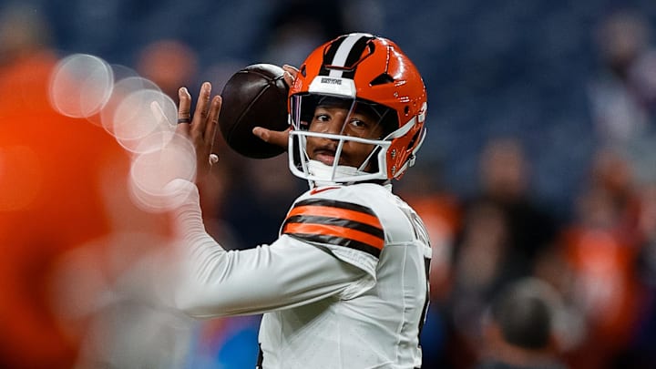 Dec 2, 2024; Denver, Colorado, USA; Cleveland Browns quarterback Jameis Winston (5) warms up before the game against the Denver Broncos at Empower Field at Mile High. Mandatory Credit: Isaiah J. Downing-Imagn Images