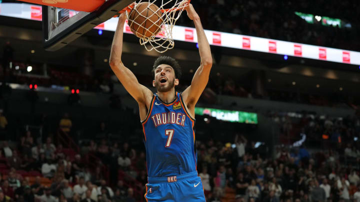 Jan 10, 2024; Miami, Florida, USA; Oklahoma City Thunder forward Chet Holmgren (7) dunks against the Miami Heat during the second half at Kaseya Center. Mandatory Credit: Jim Rassol-USA TODAY Sports