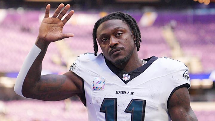 Oct 19, 2025; Minneapolis, Minnesota, USA; Philadelphia Eagles wide receiver A.J. Brown (11) waves to the fans after the game against the Minnesota Vikings at U.S. Bank Stadium.