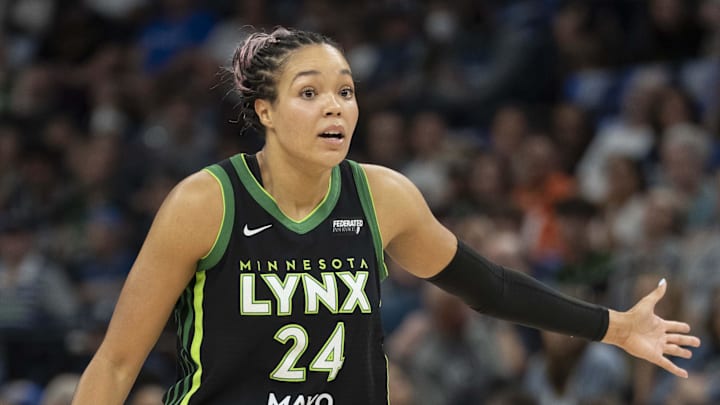 Sep 21, 2025; Minneapolis, Minnesota, USA; Minnesota Lynx forward Napheesa Collier (24) dribbles the ball against the Phoenix Mercury in the first half during game one of the second round for the 2025 WNBA Playoffs at Target Center. Mandatory Credit: Jesse Johnson-Imagn Images Sep 21, 2025; Minneapolis, Minnesota, USA; Minnesota Lynx forward Napheesa Collier (24) dribbles the ball against the Phoenix Mercury in the first half during game one of the second round for the 2025 WNBA Playoffs at Target Center. Mandatory Credit: Jesse Johnson-Imagn Images