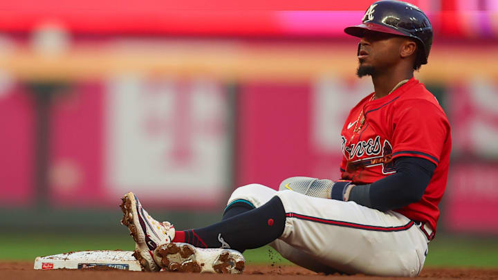 Sep 5, 2025; Atlanta, Georgia, USA; Atlanta Braves second baseman Ozzie Albies (1) reacts after stealing second base against the Seattle Mariners in the first inning at Truist Park.